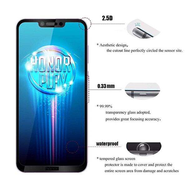 Microsonic Huawei Honor Play Tam Kaplayan Temperli Cam Ekran Koruyucu Siyah
