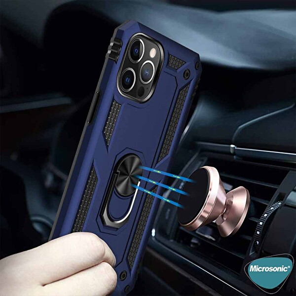 Microsonic Apple Iphone 13 Pro Max Kılıf Military Ring Holder Lacivert