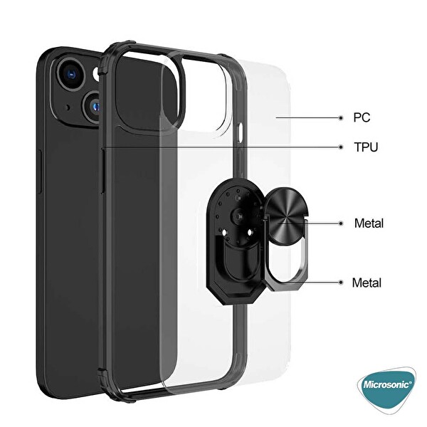 Microsonic Apple Iphone 14 Kılıf Grande Clear Ring Holder Siyah