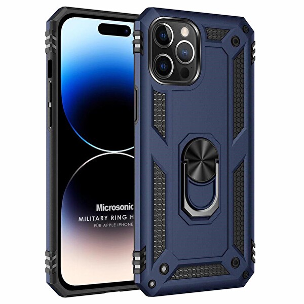 Microsonic Apple Iphone 14 Pro Kılıf Military Ring Holder Lacivert