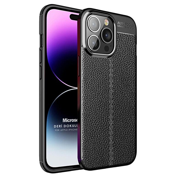 Microsonic Apple Iphone 14 Pro Max Kılıf Deri Dokulu Silikon Siyah