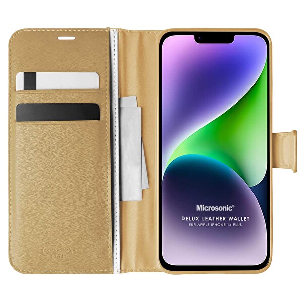 Microsonic Apple Iphone 14 Plus Kılıf Delux Leather Wallet Gold