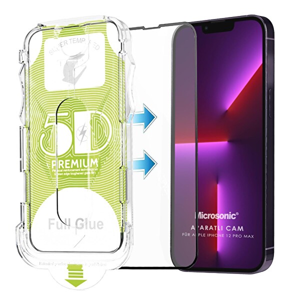 Microsonic Apple Iphone 12 Pro Max Magic Uygulama Aparatlı Tam Kapatan Ekran Koruyucu Siyah