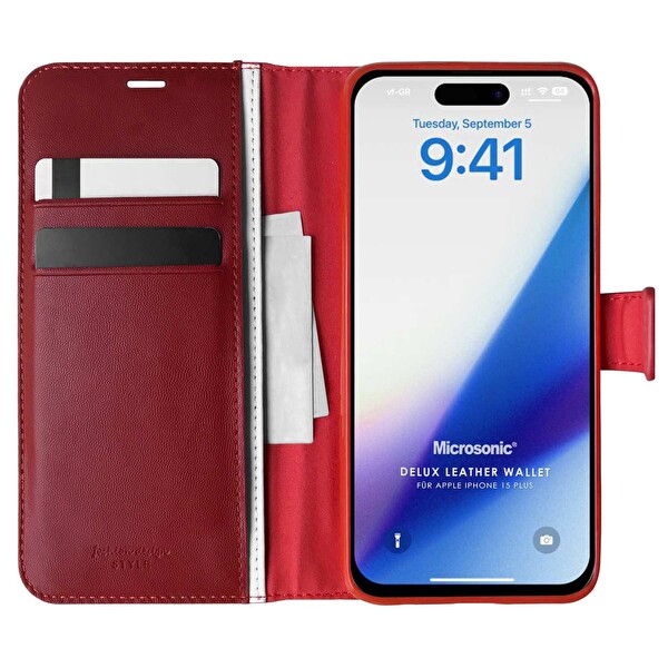 Microsonic Apple Iphone 15 Plus Kılıf Delux Leather Wallet Kırmızı