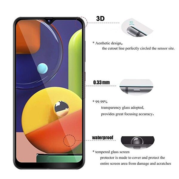 Microsonic Samsung Galaxy A50s Tam Kaplayan Temperli Cam Ekran Koruyucu Siyah