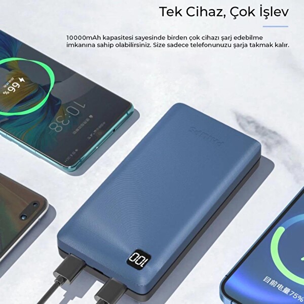 Philips 10000 mAH 22.5 W USB ve Type-C PD Üç Çıkışlı LED Göstergeli Powerbank