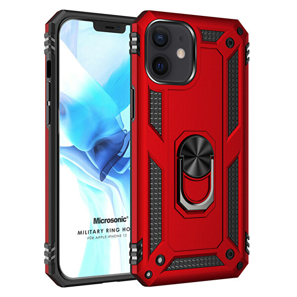 Microsonic Apple Iphone 12 Kılıf Military Ring Holder Kırmızı