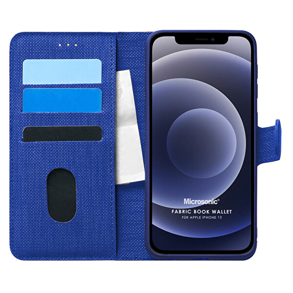 Microsonic Apple Iphone 12 Kılıf Fabric Book Wallet Lacivert