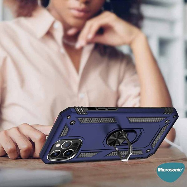 Microsonic Apple Iphone 14 Pro Kılıf Military Ring Holder Siyah
