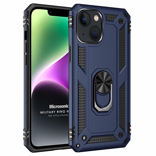 Microsonic Apple Iphone 14 Kılıf Military Ring Holder Lacivert
