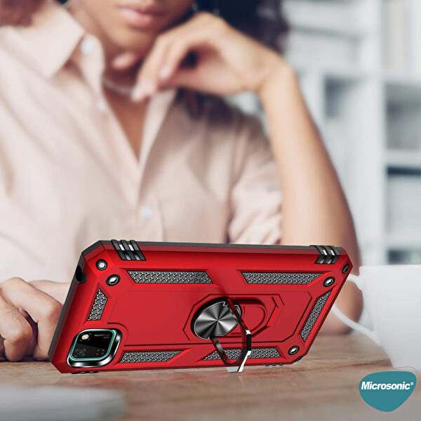 Microsonic Huawei Honor 9s Kılıf Military Ring Holder Kırmızı