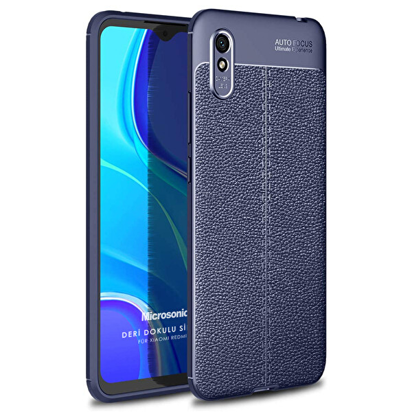 Microsonic Xiaomi Redmi 9a Kılıf Deri Dokulu Silikon Lacivert
