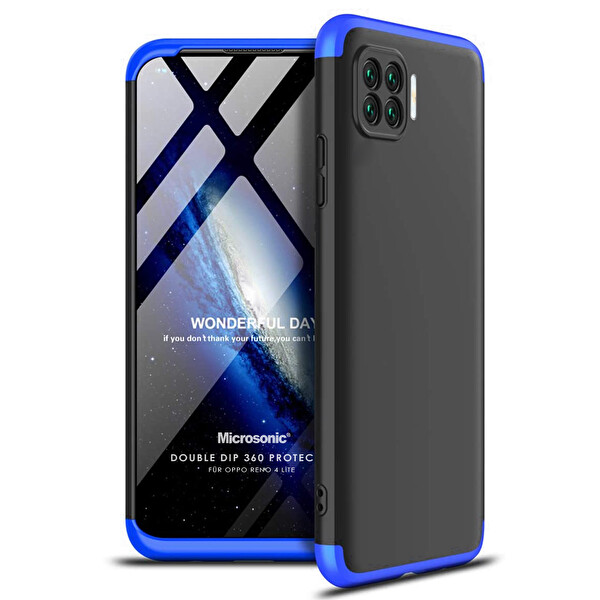 Microsonic Oppo Reno 4 Lite Kılıf Double Dip 360 Protective Siyah Mavi