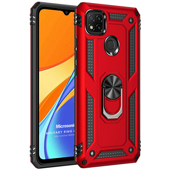 Microsonic Xiaomi Redmi 9c Kılıf Military Ring Holder Kırmızı