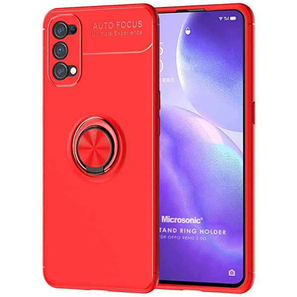 Microsonic Oppo Reno 5 5g Kılıf Kickstand Ring Holder Kırmızı