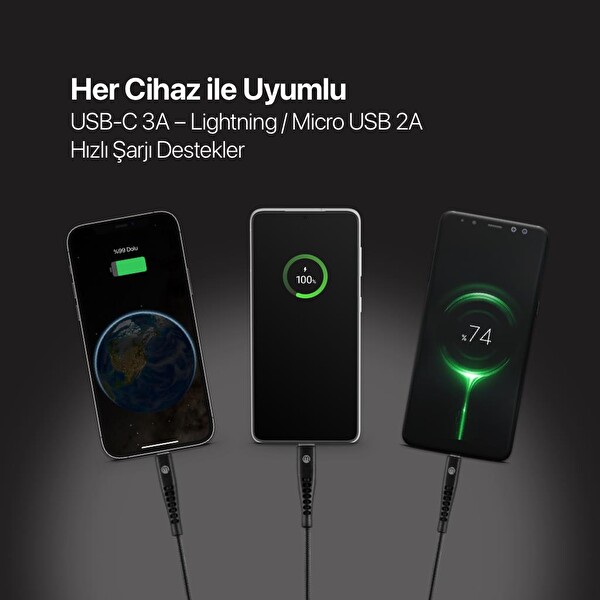 Mojue By Ttec 3DK44S USB-A USB-C Lightning Micro USB 150 CM Siyah Trio Şarj Kablosu