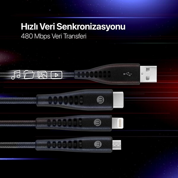 Mojue By Ttec 3DK44S USB-A USB-C Lightning Micro USB 150 CM Siyah Trio Şarj Kablosu