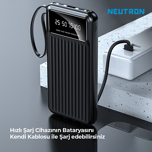 Neutron NTL-PB-13N4 10.000 mAh Kablolu Dijital Göstergeli El Feneri Özellikli Siyah Powerbank