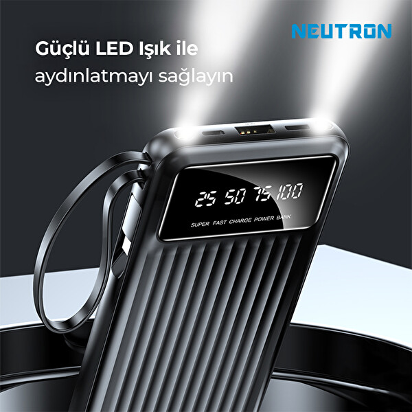 Neutron NTL-PB-13N4 10.000 mAh Kablolu Dijital Göstergeli El Feneri Özellikli Siyah Powerbank