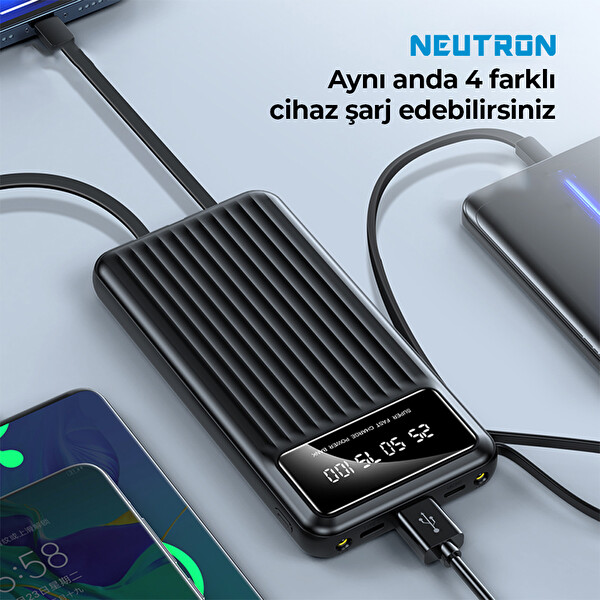 Neutron NTL-PB-13N4 10.000 mAh Kablolu Dijital Göstergeli El Feneri Özellikli Siyah Powerbank