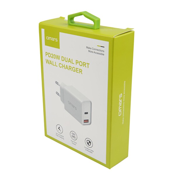 Omars 20W PD Çift Portlu USB-C - USB-A Hızlı Şarj Cihazı