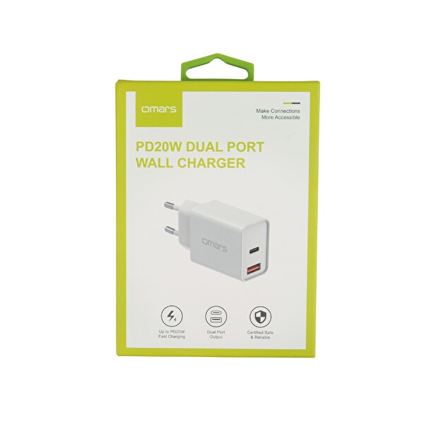 Omars 20W PD Çift Portlu USB-C - USB-A Hızlı Şarj Cihazı
