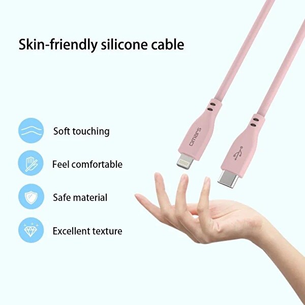 Omars USB-C to MFI Lightning iPhone Silikon PD Pembe Hızlı Şarj Kablosu