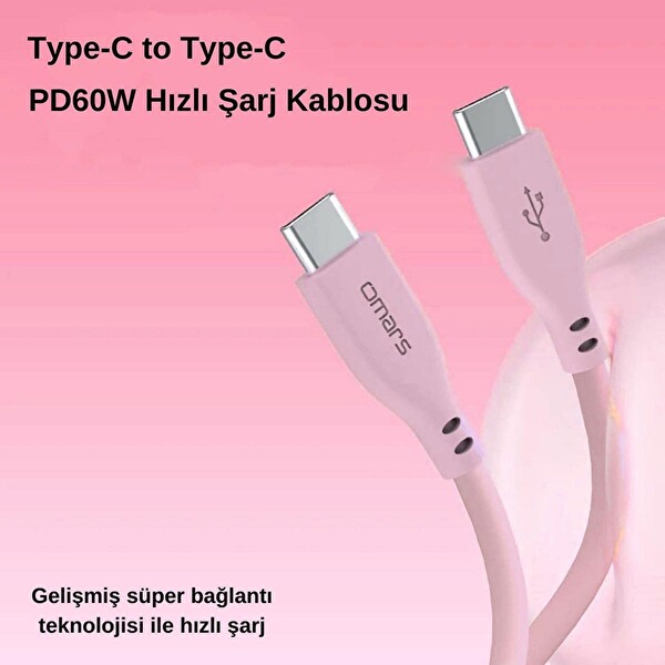 Omars Type-C to Type-C Silikon PD Pembe Hızlı Şarj Kablosu