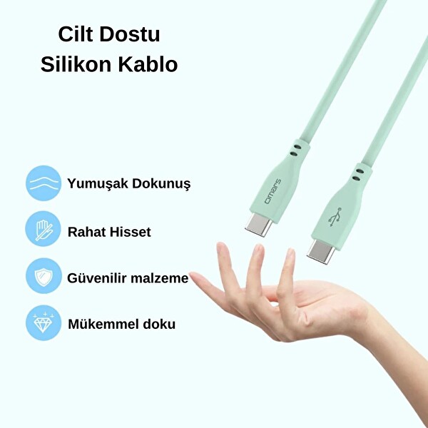 Omars Type-C to Type-C Silikon PD Yeşil Hızlı Şarj Kablosu