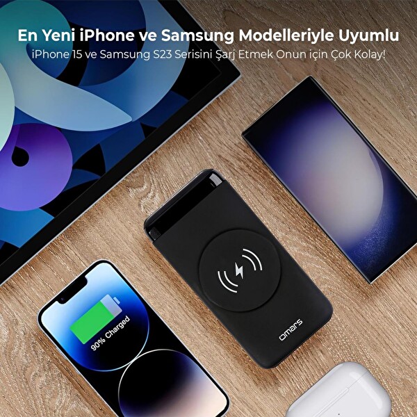 Omars 20W 10000 mAh Kablosuz Şarj LED Göstergeli USB Type-C ve MagSafe Uyumlu Siyah Powerbank
