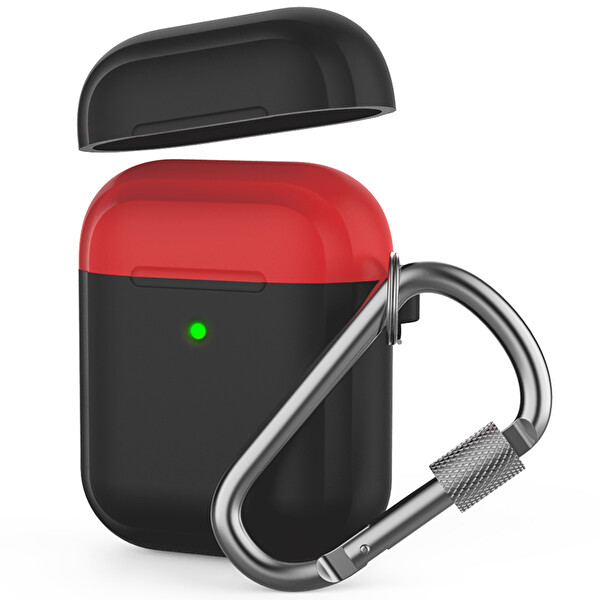 Siyah Airpods Ile Uyumlu Kılıf 1-2 Nesil Silikon Case Paslanmaz Kemer Klips Kapak Hediyeli Pt86z