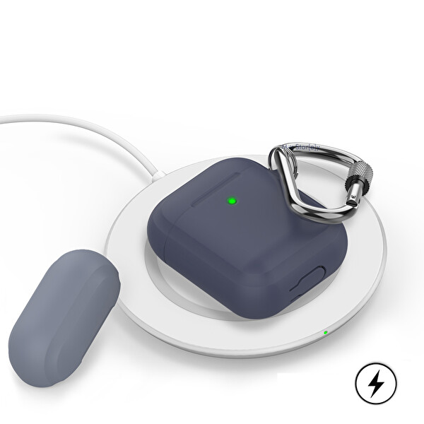 Lacivert Mavi Airpods Ile Uyumlu Kılıf 1-2 Nesil Silikon Case Paslanmaz Kemer Klips Kapak Hediyeli Pt86z