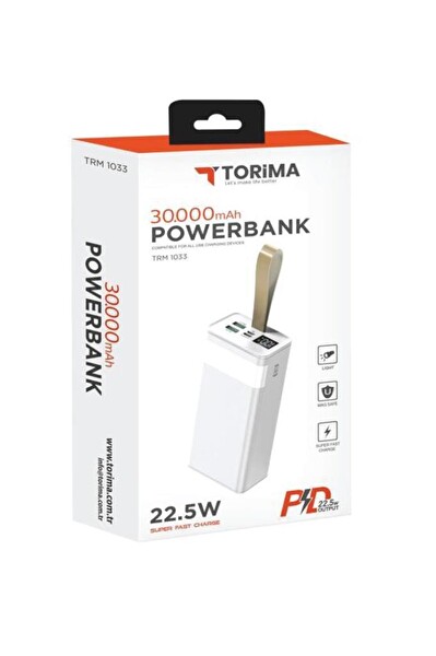 Torima TRM-1033 22.5 W Hızlı Şarj Özellikli Dijital Şarj Göstergeli 30.000 mAH Beyaz Powerbank