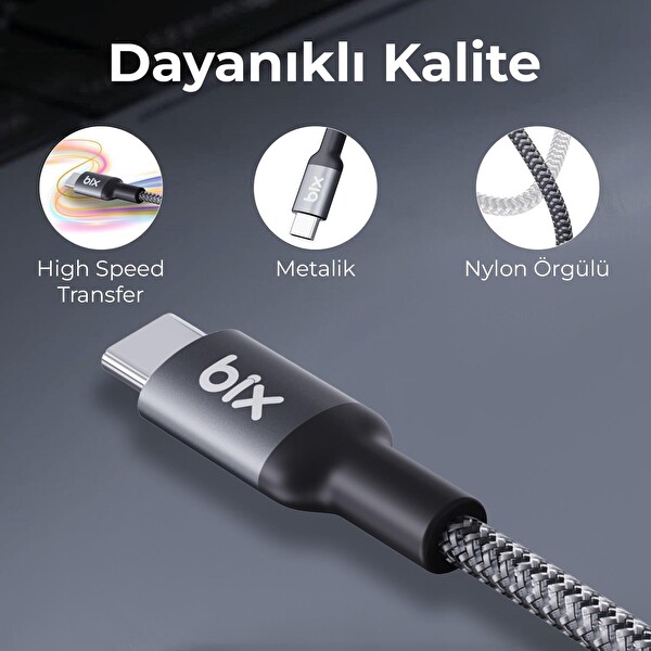 Bix Type-C to Type-C 240W 480 Mbps USB-IF Sertifikalı Metal Başlıklı Örgülü 1.8 M Şarj ve Data Kablosu