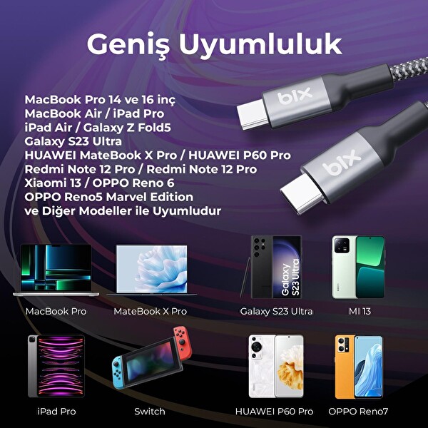 Bix Type-C to Type-C 240W 480 Mbps USB-IF Sertifikalı Metal Başlıklı Örgülü 1.8 M Şarj ve Data Kablosu