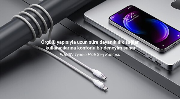Orico CDX-60CC-WH-BP 3A 60W PD Type-C to Type-C Hızlı 1 M Beyaz Şarj ve Data Kablosu