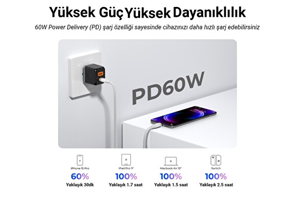 Orico CDX-60CC-WH-BP 3A 60W PD Type-C to Type-C Hızlı 1 M Beyaz Şarj ve Data Kablosu
