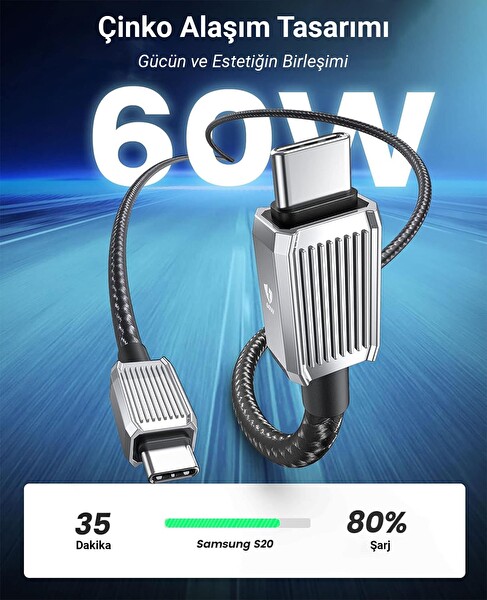 Orico GQZ60-15-BK-BP 60W 3A PD Type-C to Type-C Hızlı 1.5 M Siyah Şarj ve Data Kablosu