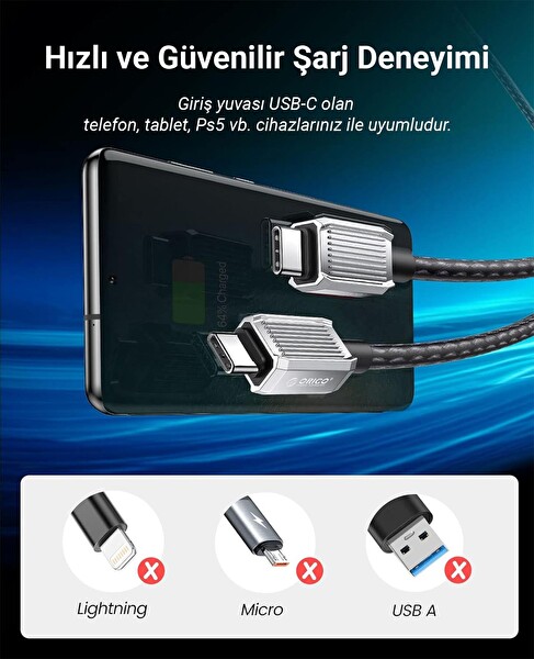 Orico GQZ60-15-BK-BP 60W 3A PD Type-C to Type-C Hızlı 1.5 M Siyah Şarj ve Data Kablosu