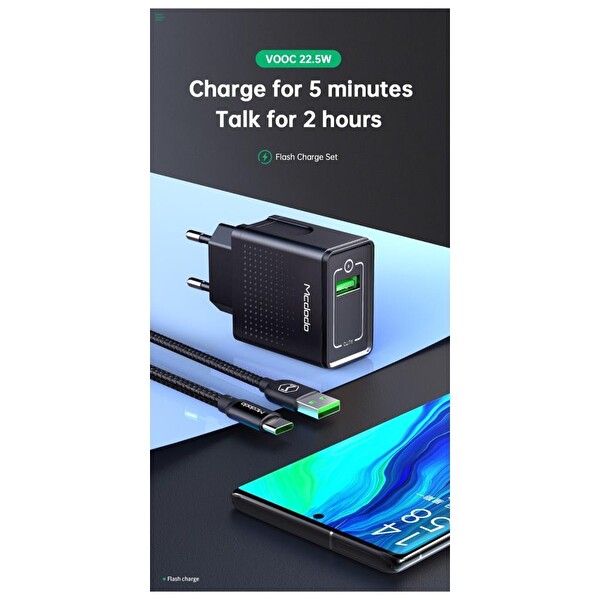 Mcdodo Vooc CH-5800 22.5W 5A 1.2 M Siyah Şarj Cihazı ve Type C Kablo