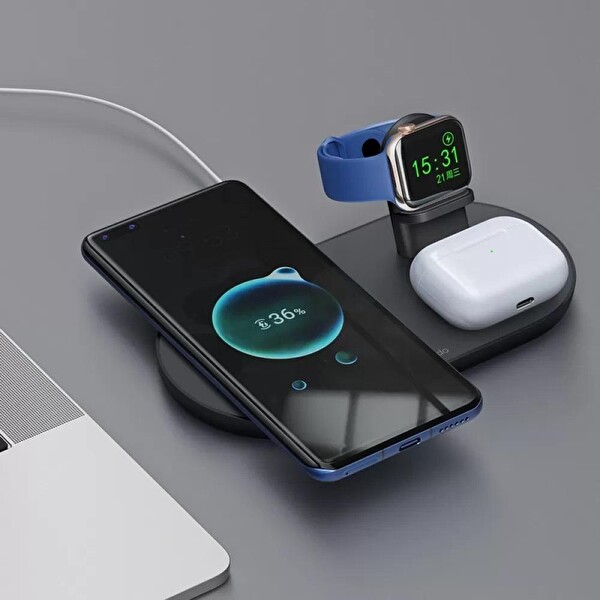 Mcdodo CH-7063 3in1 15W Çoklu Magsafe Kulaklık Saat ve Telefon Şarj Stand Siyah