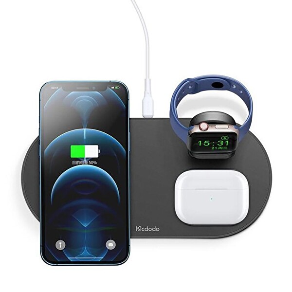 Mcdodo CH-7063 3in1 15W Çoklu Magsafe Kulaklık Saat ve Telefon Şarj Stand Siyah