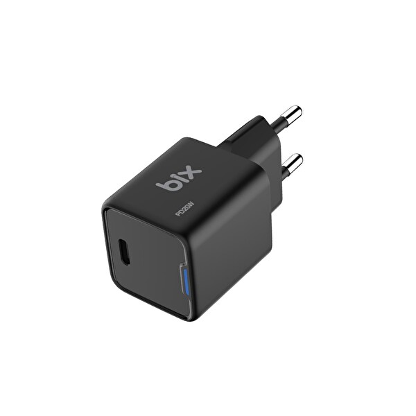 Bix 20W GaN USB-C Hızlı Şarj Adaptörü iPhone - Android ve iPad Uyumlu Type-C PD Şarj Aleti Siyah