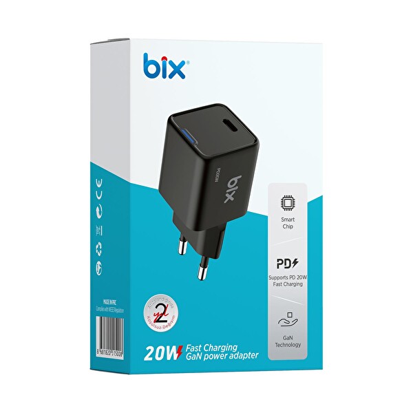 Bix 20W GaN USB-C Hızlı Şarj Adaptörü iPhone - Android ve iPad Uyumlu Type-C PD Şarj Aleti Siyah
