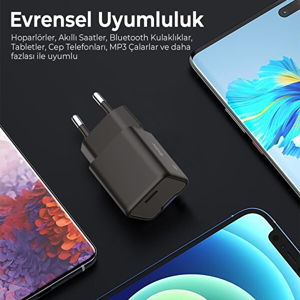 Bix 20W GaN USB-C Hızlı Şarj Adaptörü iPhone - Android ve iPad Uyumlu Type-C PD Şarj Aleti Siyah