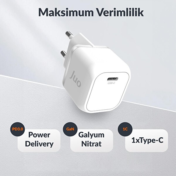 Juo 20W GaN USB-C Şarj Aleti iPhone & iPad & Android Uyumlu PD QC4.0 Type-C Hızlı Şarj Cihazı Beyaz