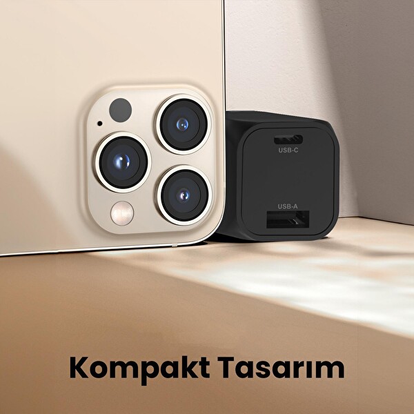 Juo 35W GaN USB-C + USB-A Şarj Aleti iPhone & iPad & Samsung PPS Uyumlu PD QC4.0 Type-C Hızlı Şarj Cihazı Siyah