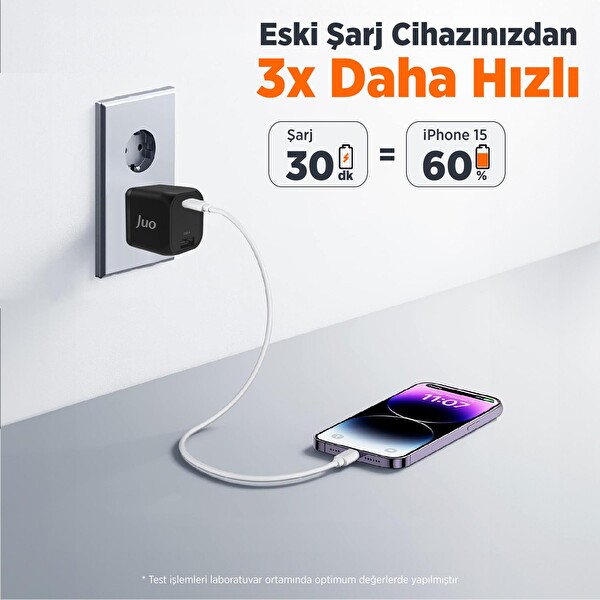 Juo 35W GaN USB-C + USB-A Şarj Aleti iPhone & iPad & Samsung PPS Uyumlu PD QC4.0 Type-C Hızlı Şarj Cihazı Siyah