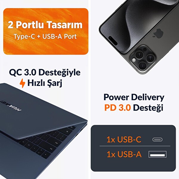 Juo 45W GaN USB-C + USB-A Şarj Aleti iPhone & iPad & Macbook & Samsung Uyumlu PD Type-C Hızlı Şarj Cihazı Beyaz