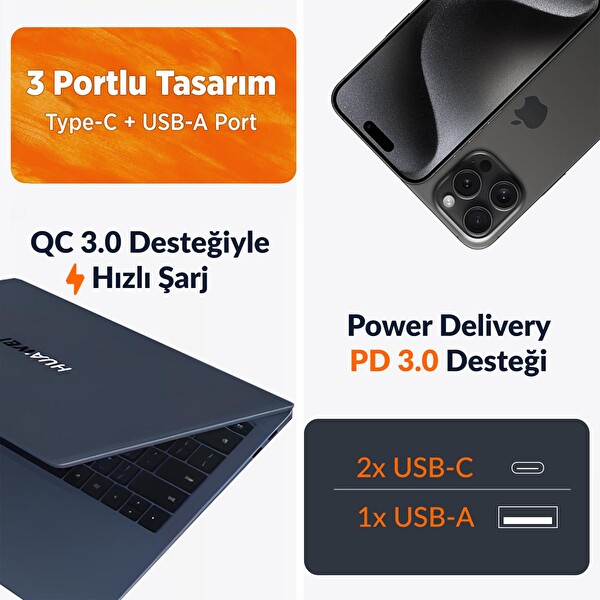 Juo 65W USB-C + USB-A 3 Portlu GaN Şarj Aleti iPhone & Macbook & Notebook Uyumlu PD Type-C Hızlı Şarj Cihazı Siyah
